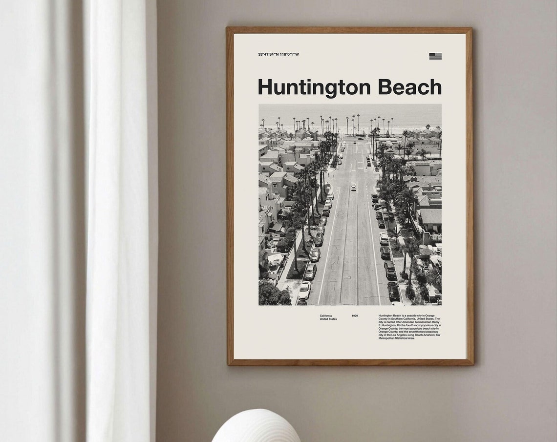 Huntington Beach California Aerial Street Travel Art Wall Poster