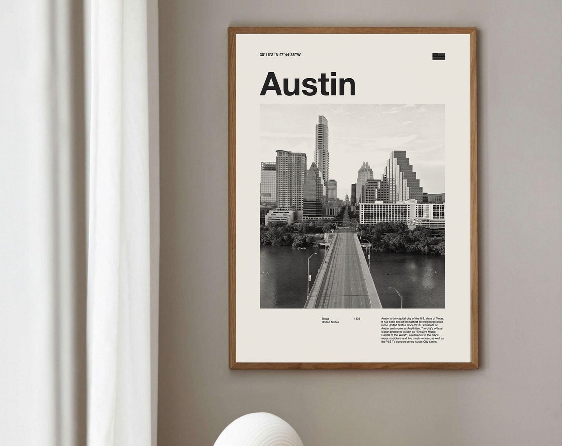 Austin Texas Downtown Skyline Mid Century Black and White Photo Poster