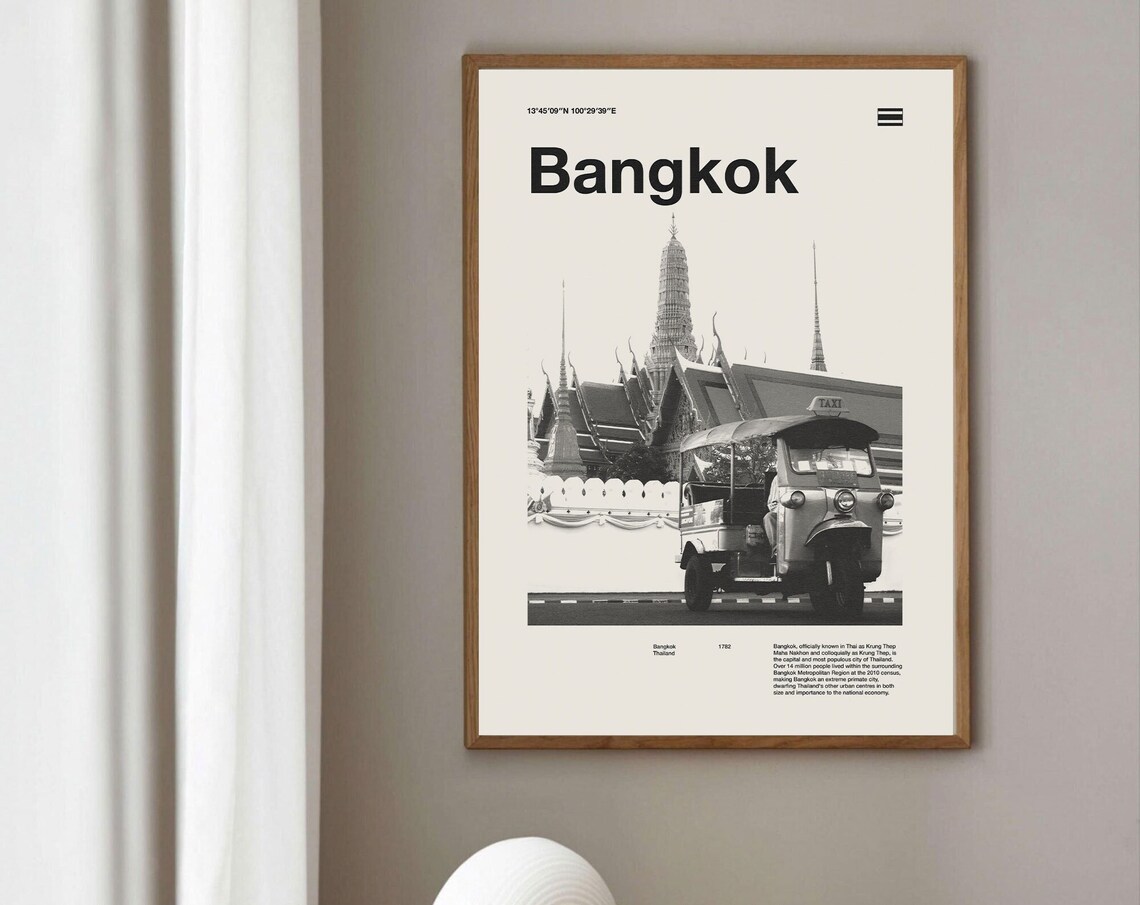 Bangkok Thailand Tuk Tuk Temple Black And White City Travel Poster