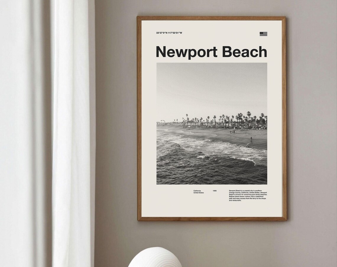 Newport Beach California Mid Century Black White Photo Poster