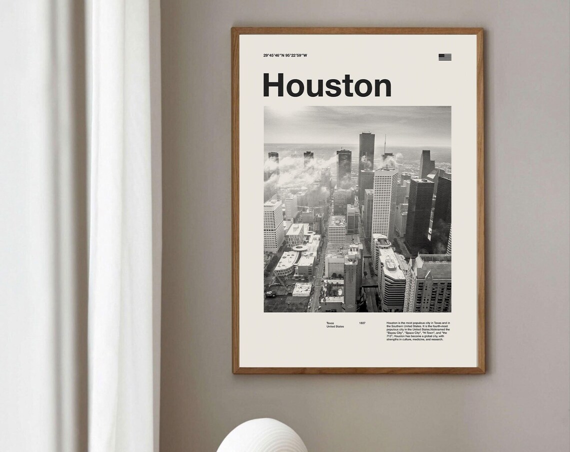 Houston Texas Aerial Skyline Mid Century Black and White Photo Poster