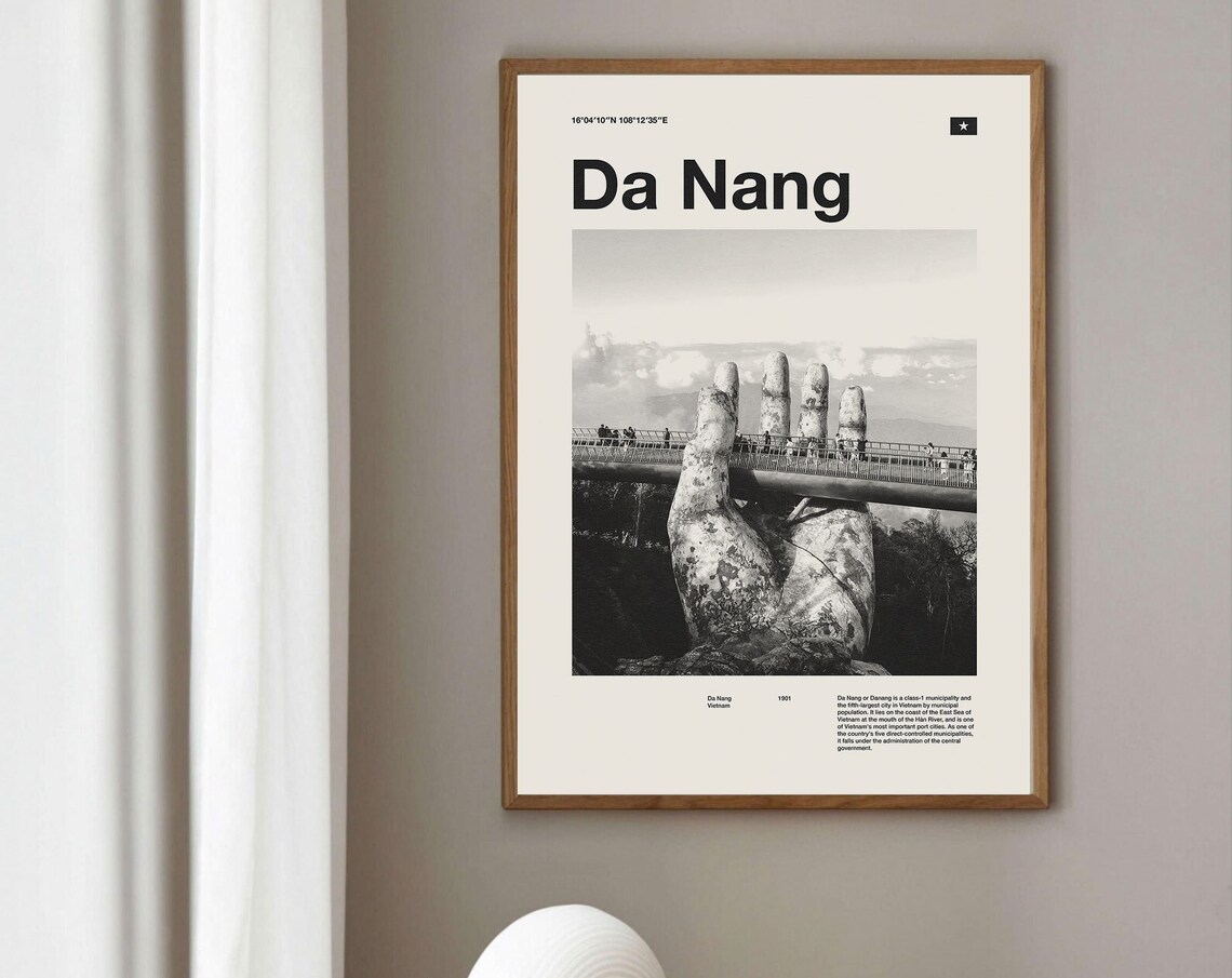 Da Nang Golden Bridge Vietnam Black and White Travel Photo Poster