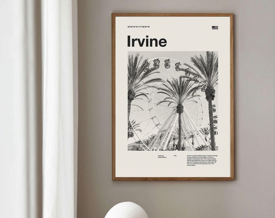Irvine California Ferris Wheel Palm Trees Black White Travel Poster