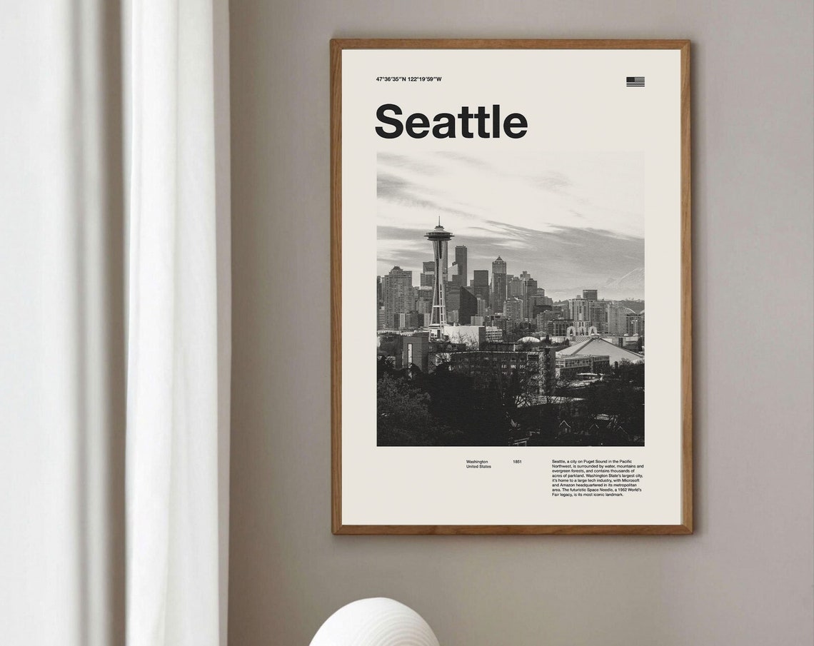 Seattle Space Needle Skyline Minimalist Black and White City Poster