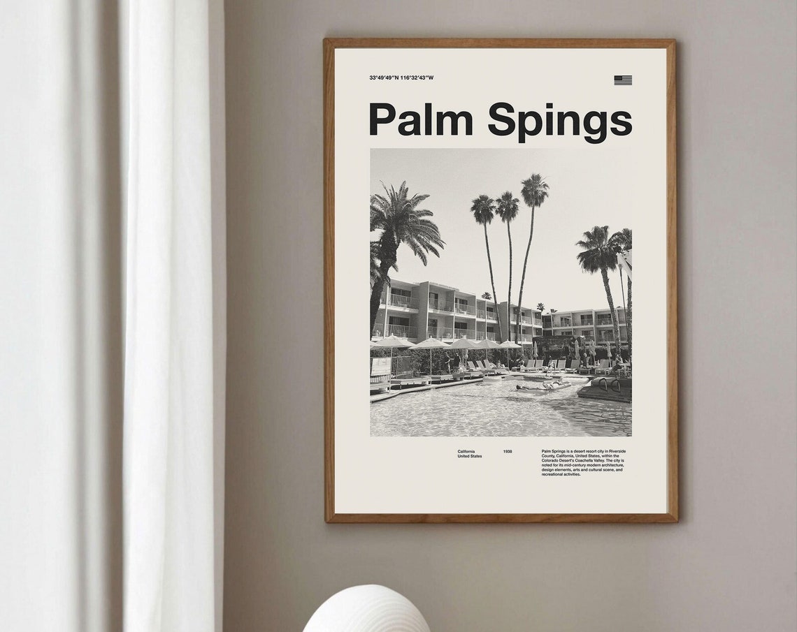 Palm Springs Black White Pool Vintage Retro Travel Art Poster