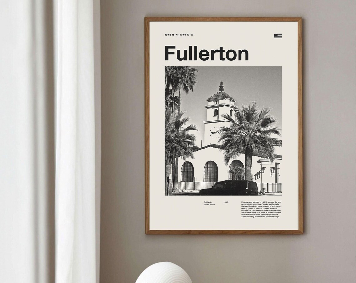 Fullerton California Black And White City Photo Minimalist Poster
