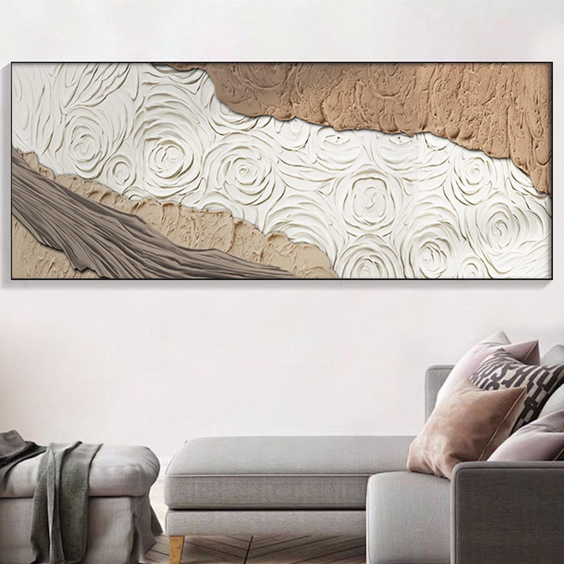 Beige And White Textured Beach Wave Swirls Abstract Wall Art - Image 5