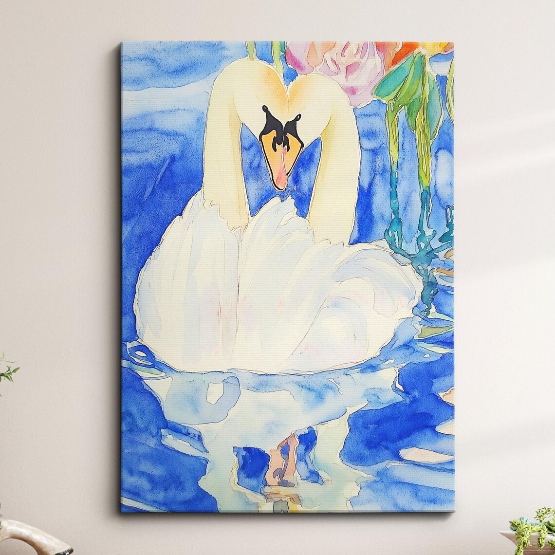 Swans Heart Neck Romantic Watercolor Painting Blue Lake Art Poster