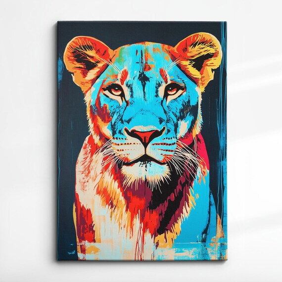 Lioness Portrait Orange Blue Pop Art Bold Modern Wildlife Poster