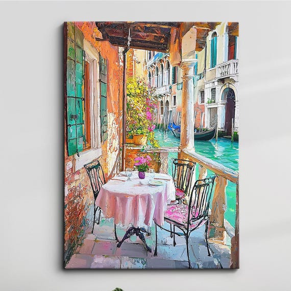 Venice Italy Canal Seating Europe Abstract Oil Modern Painting Wall Art Framed Canvas Poster Print Living Room Home Decor Traveler Gift
