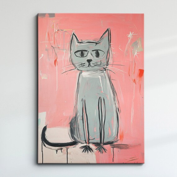 Gray Cat Pink Background Abstract Expressive Modern Art Poster