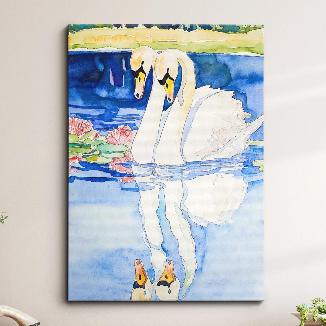 Two Swans Facing Each Other Romantic Watercolor Bird Art Poster