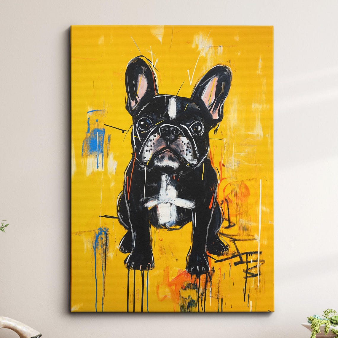 French Bulldog Fun Yellow Animal Dog Pet Lover Oil Painting Wall Art Framed Canvas Poster Print Home Kitchen Living Room Decor Gifts