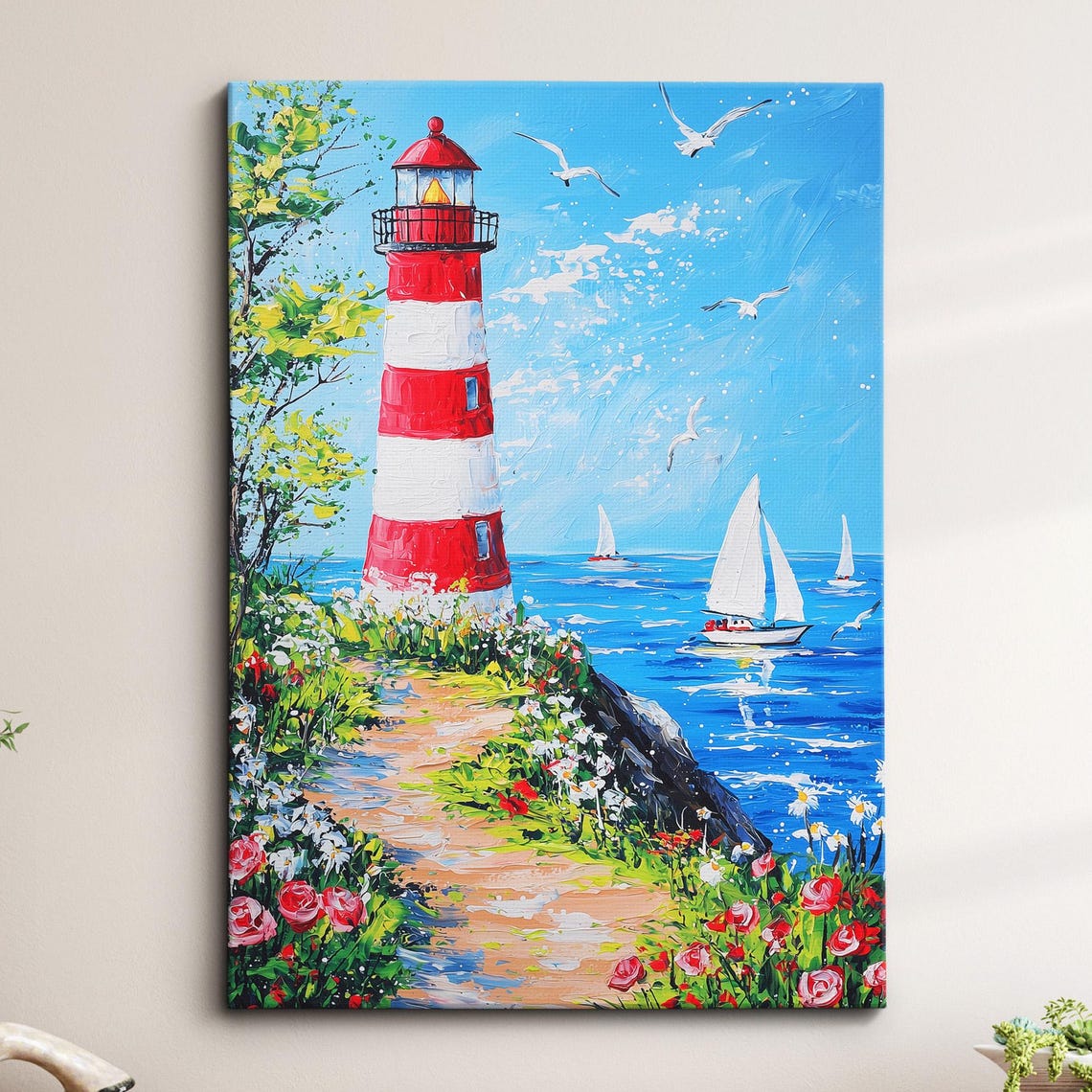 Red White Lighthouse Coastal Seascape Sailboat Floral Art Poster