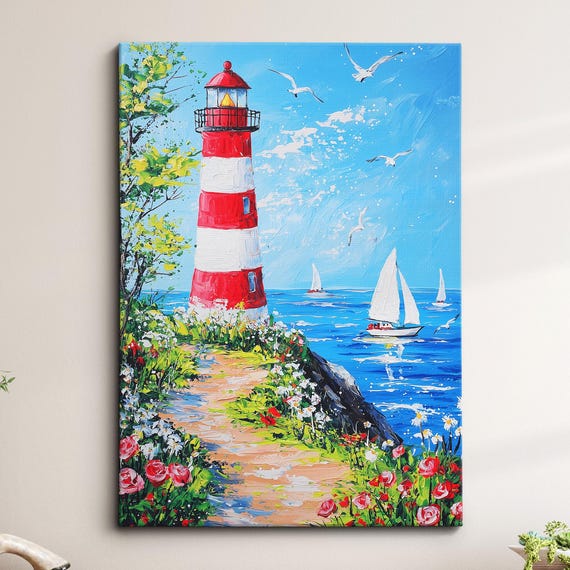 Lighthouse Oil Painting Canvas Wall Art Coastal Nautical Decor Ocean Seascape Framed Poster Print Home Gift For Sea Lovers