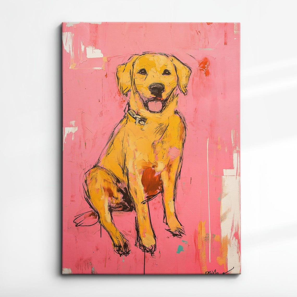 Golden Retriever Fun Pink Animal Dog Pet Lover Oil Painting Wall Art Framed Canvas Poster Print Home Kitchen Living Room Decor Gifts