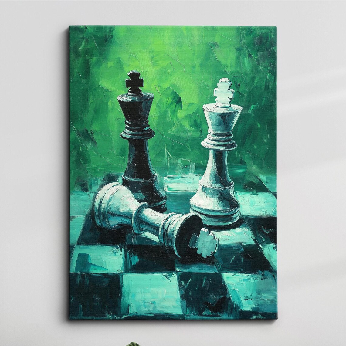 Three Chess Kings Emerald Green Checkmate Oil Painting Game Poster