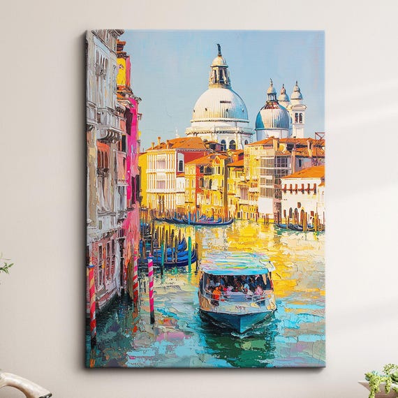 Venice Italy Canal Taxi Boat Europe Abstract Oil Modern Painting Wall Art Framed Canvas Poster Print Living Room Home Decor Traveler Gift