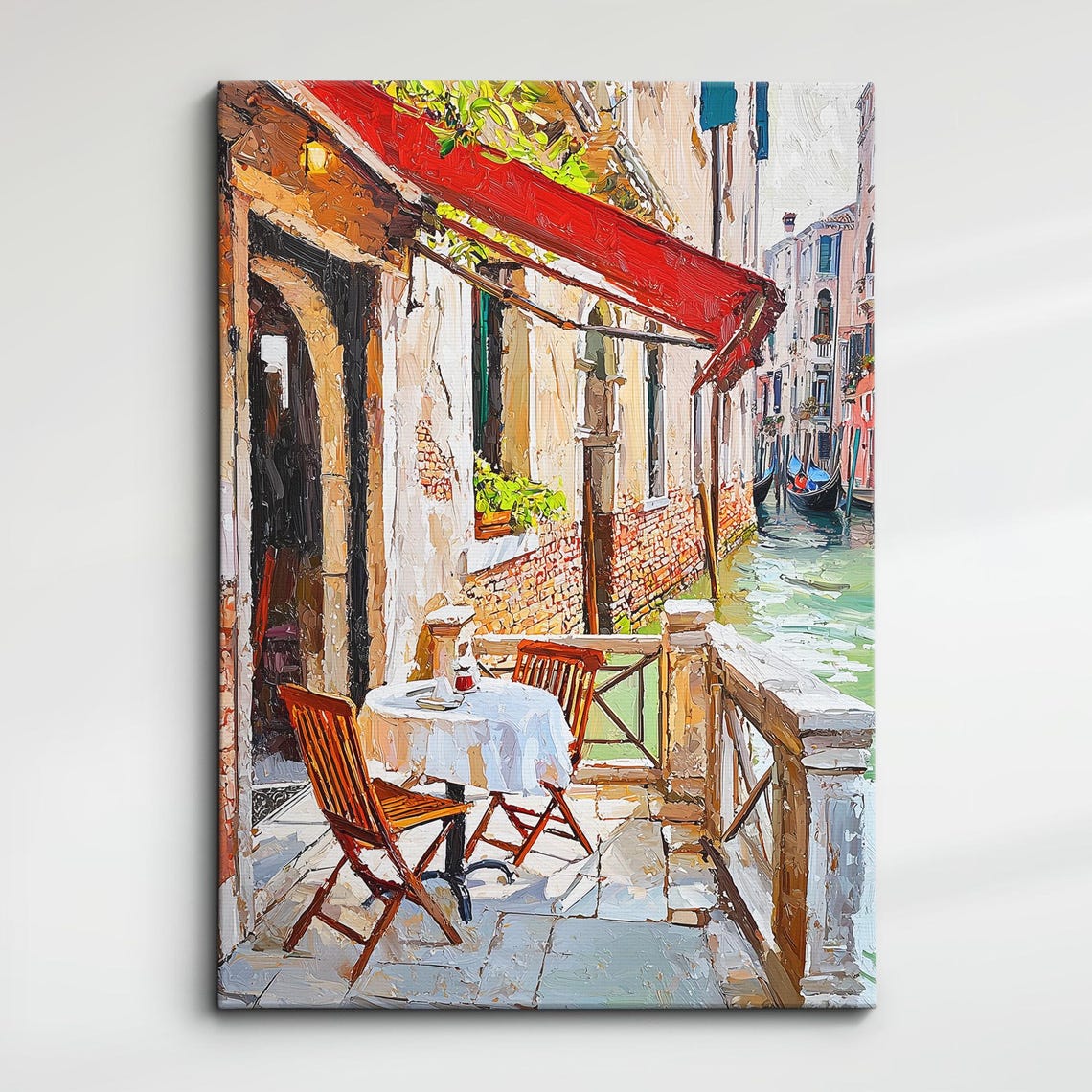 Venice Canal Side Cafe Terrace Red Awning Oil Painting Wall Art