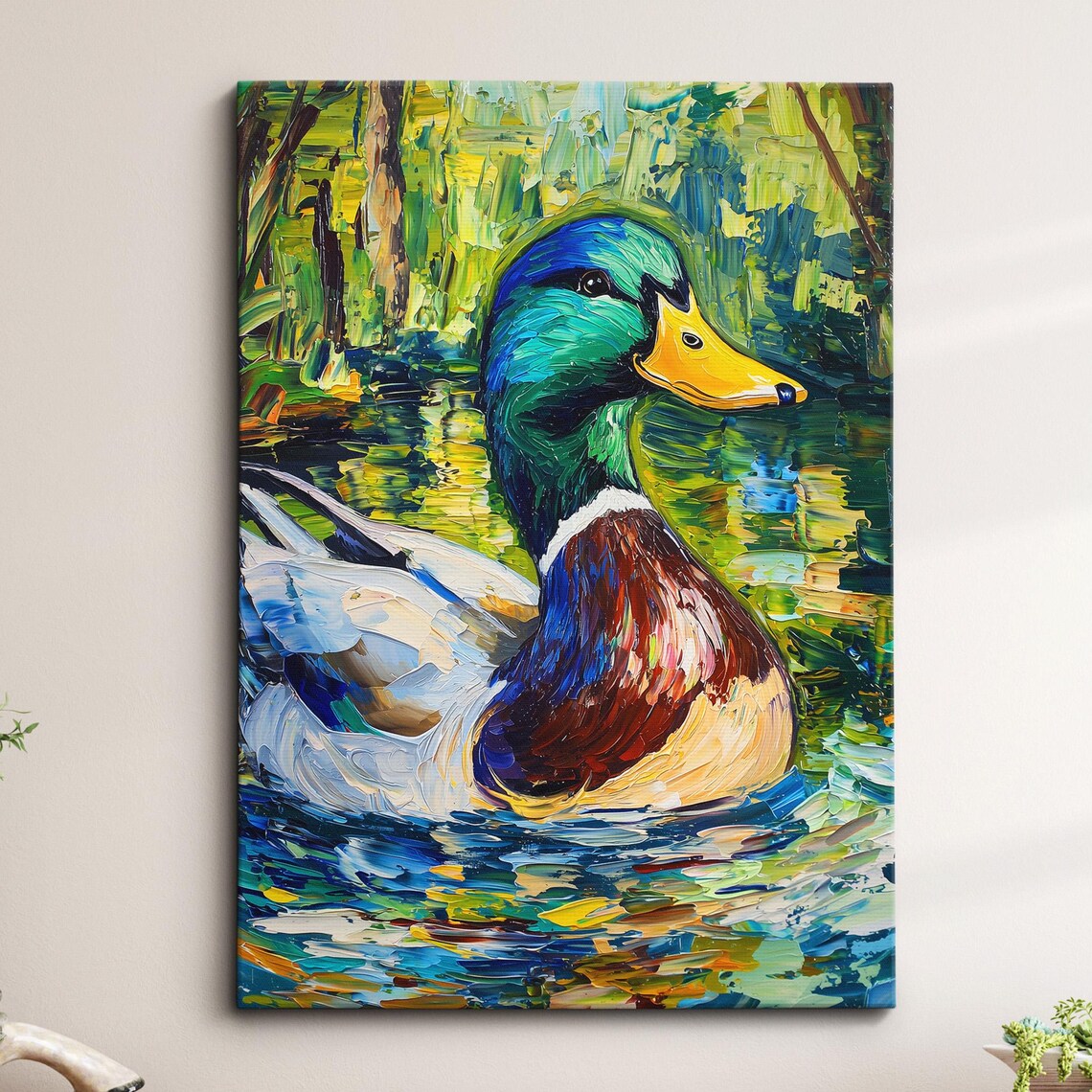 Mallard Duck Impasto Oil Painting Vibrant Green Wildlife Art Poster