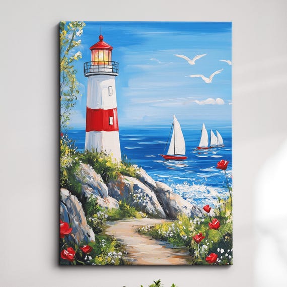 Lighthouse Oil Painting Canvas Wall Art Coastal Nautical Decor Ocean Seascape Framed Poster Print Home Gift For Sea Lovers