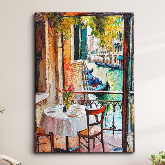 Venice Italy Canal Seating Europe Abstract Oil Modern Painting Wall Art Framed Canvas Poster Print Living Room Home Decor Traveler Gift
