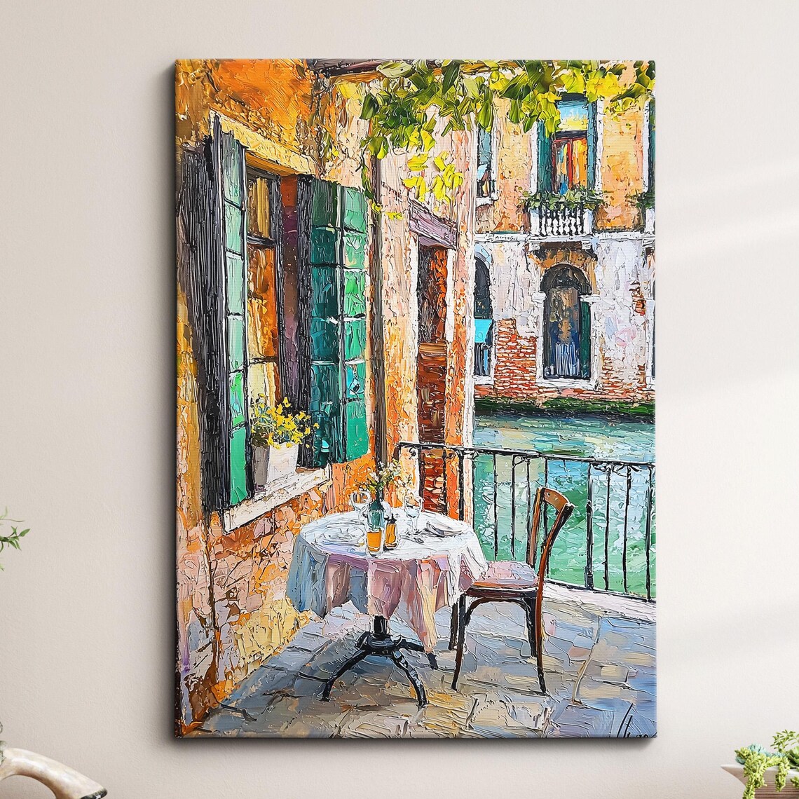 Venice Terrace Cafe Table with Green Shutters Oil Painting Poster
