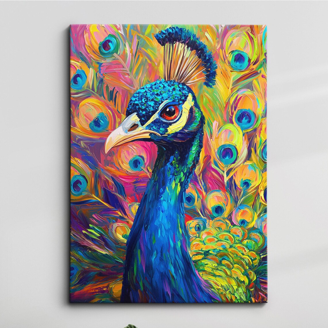 Close Up Peacock Head Portrait Colorful Impasto Oil Painting Poster