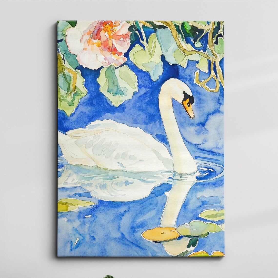 White Swan Watercolor Painting Water Lily Pond Bird Art Poster