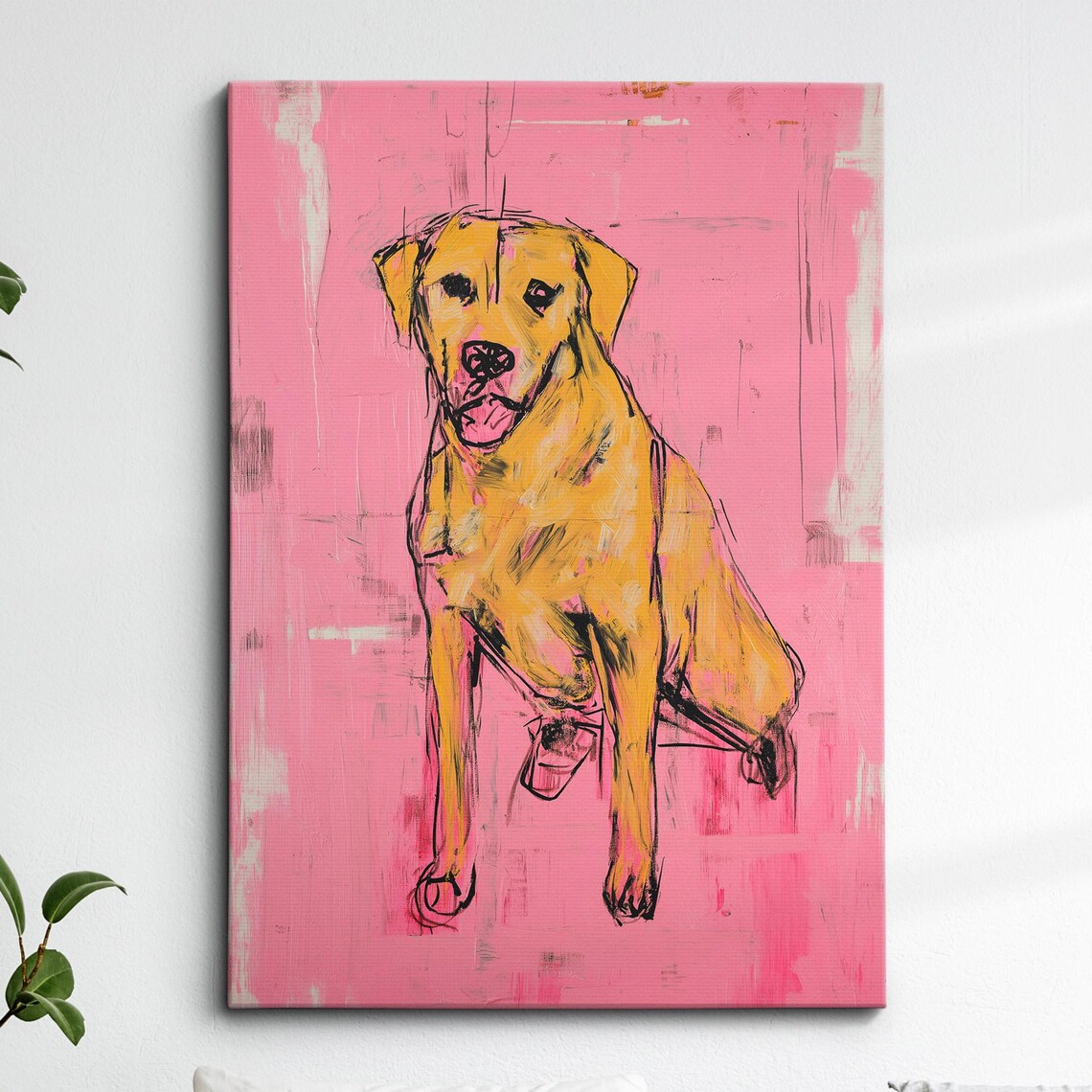 Happy Golden Retriever Puppy on Soft Pink Canvas Dog Art Print