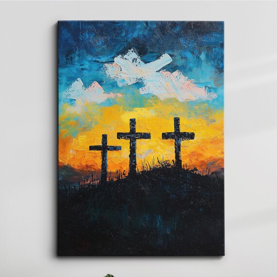 Three Crosses Silhouette Dark Hill Against Fiery Sunset Wall Art