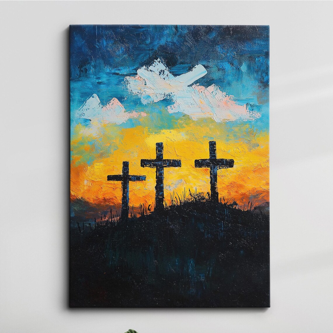 Three Crosses Silhouette Dark Hill Against Fiery Sunset Wall Art