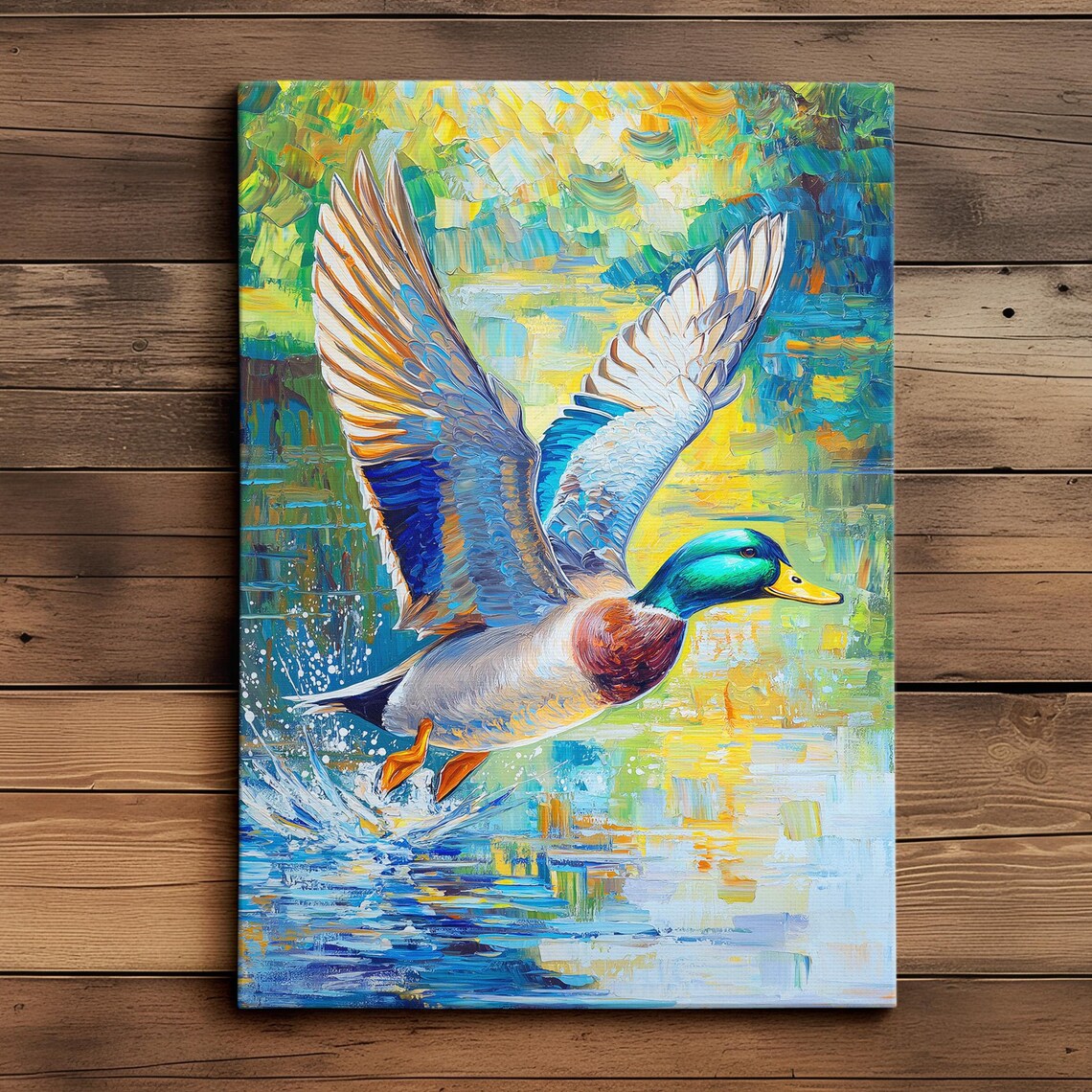 Mallard Duck Taking Flight Wings Spread Splash Oil Art Poster