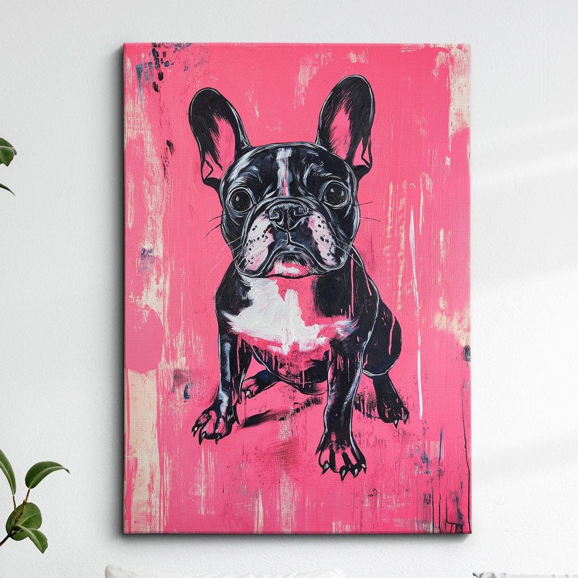 French Bulldog Fun Pink Animal Dog Pet Lover Oil Painting Wall Art Framed Canvas Poster Print Home Kitchen Living Room Decor Gifts