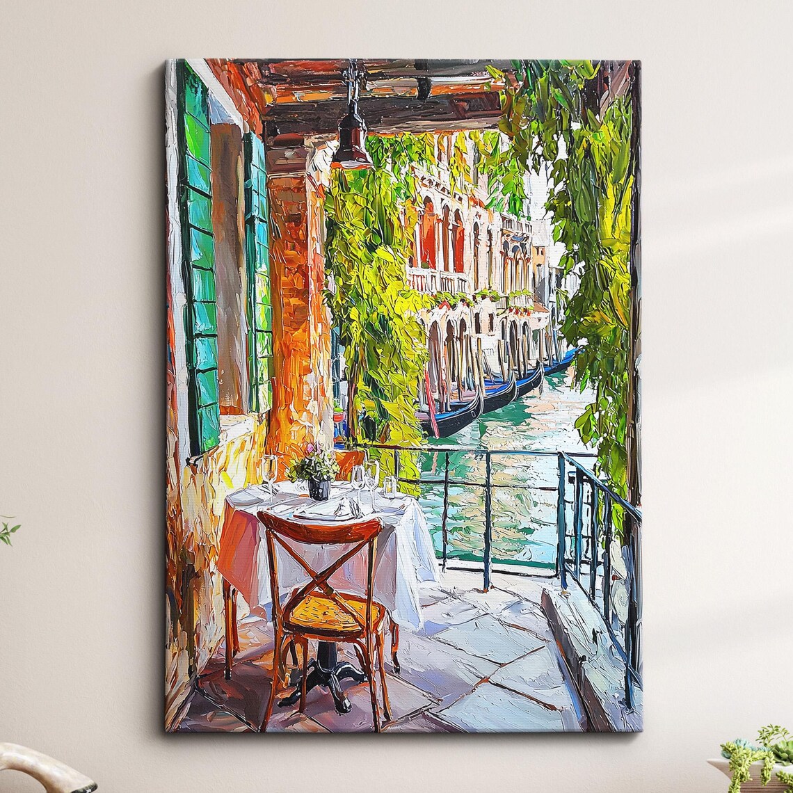 Venice Canal Side Cafe Terrace Oil Painting with Gondolas Print