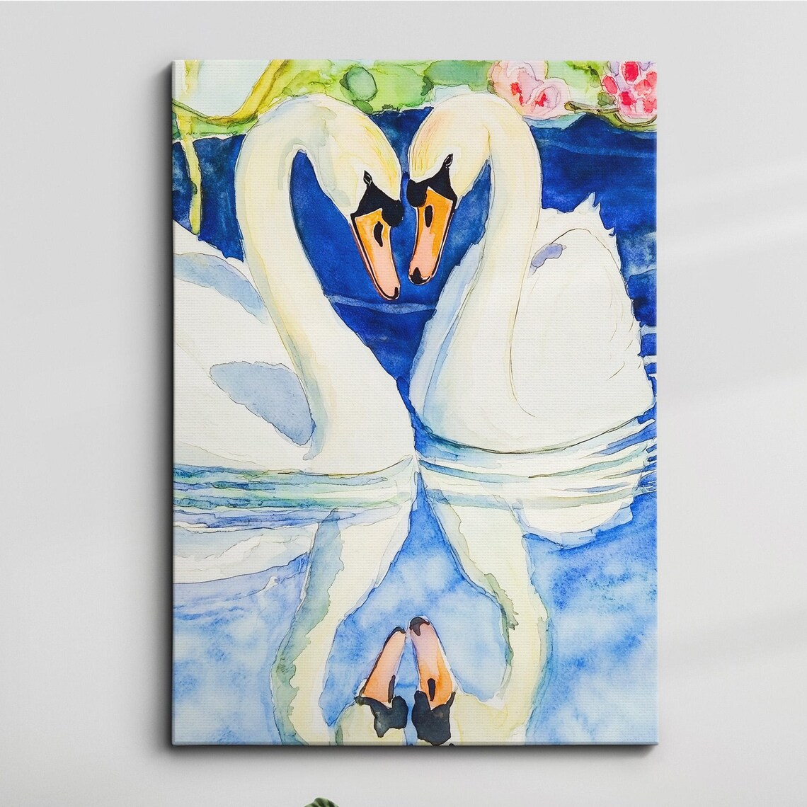 Swan Pair Heart Necks Blue Watercolor Romantic Floral Art Poster