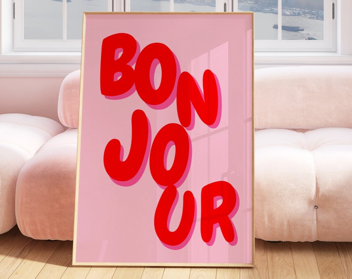 Bonjour Red Bubble Letter French Phrase Pink Retro Trendy Poster
