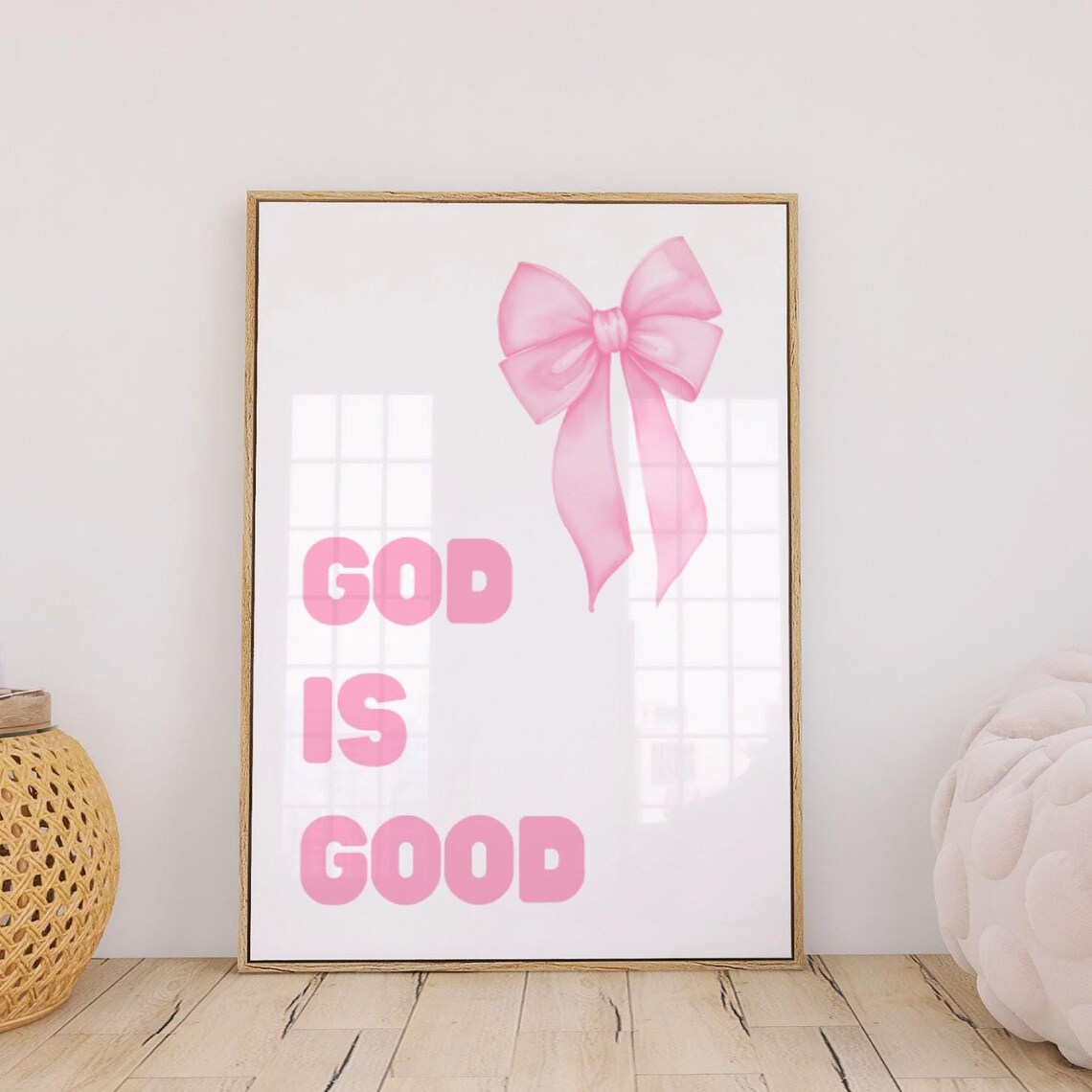 God Is Good Pink Bow Christian Faith Quote Nursery Room Poster