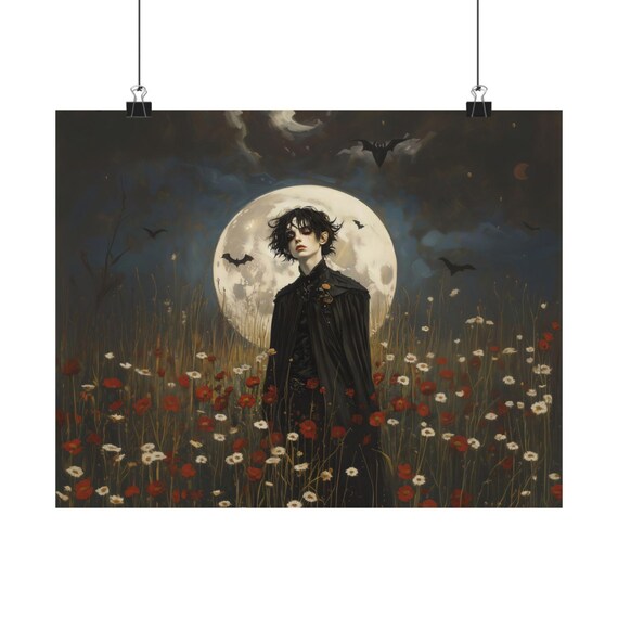 Vampire in the Moonlit Flower Field Dark Fantasy Gothic Poster