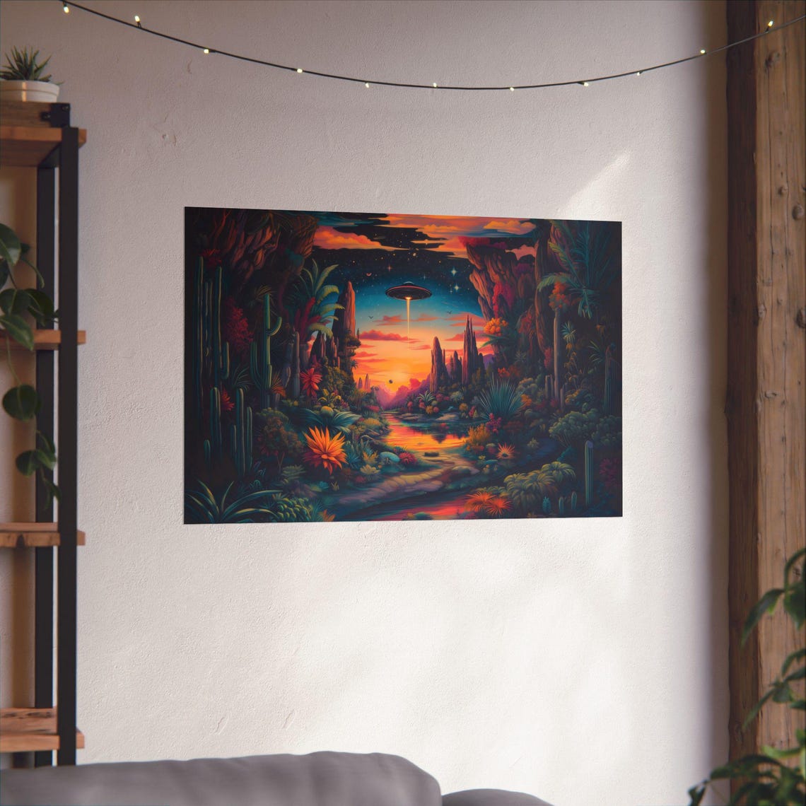 Glowing UFO Above Vibrant Desert Canyon Sunset With Cacti Poster - Image 2