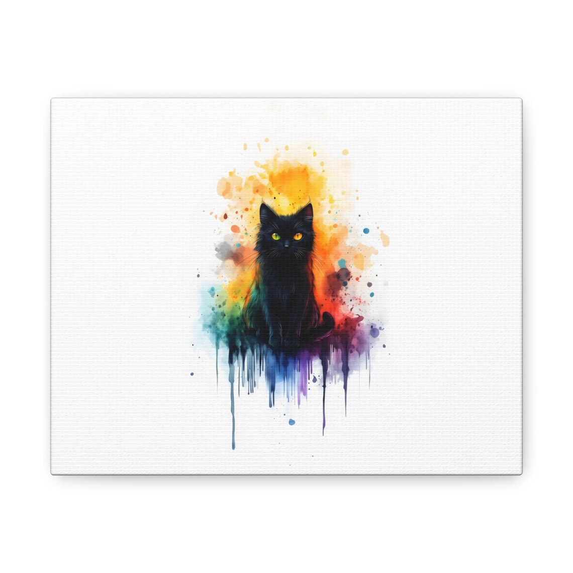 Black Cat Sitting in Rainbow Paint Splash Watercolor Art Poster - Image 2