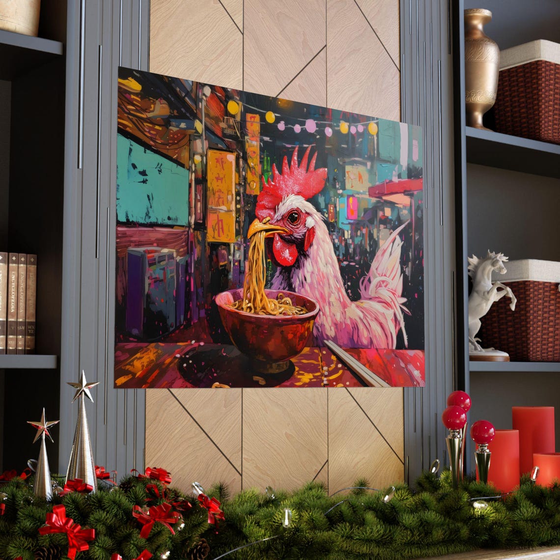 Rooster Eating Ramen in Neon Tokyo Street Colorful Art Poster - Image 3