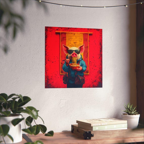 Maximalist Eclectic Ramen Hipster Pig Poster Print Bold Altered Animal Portrait Fantasy Fun Colorful Renaissance Rustic Art