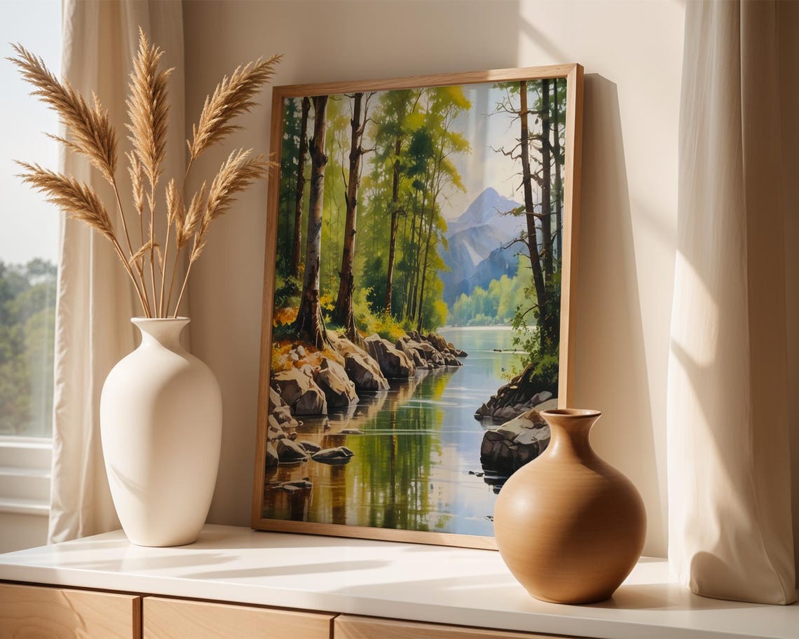 Tranquil Forest Lake Landscape Print Nature Wall Art Mountain River Scenery Artwork Instant Poster - Image 2