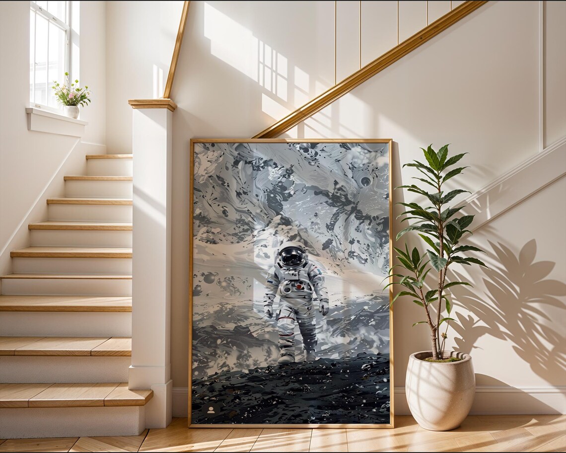 Astronaut Standing in a Surreal Abstract Ice Landscape Poster