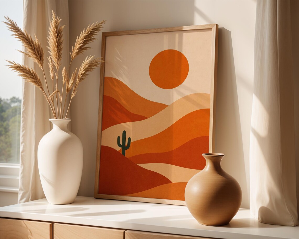 Desert Sunset Abstract, Mid Century Modern Cactus Landscape - Image 2