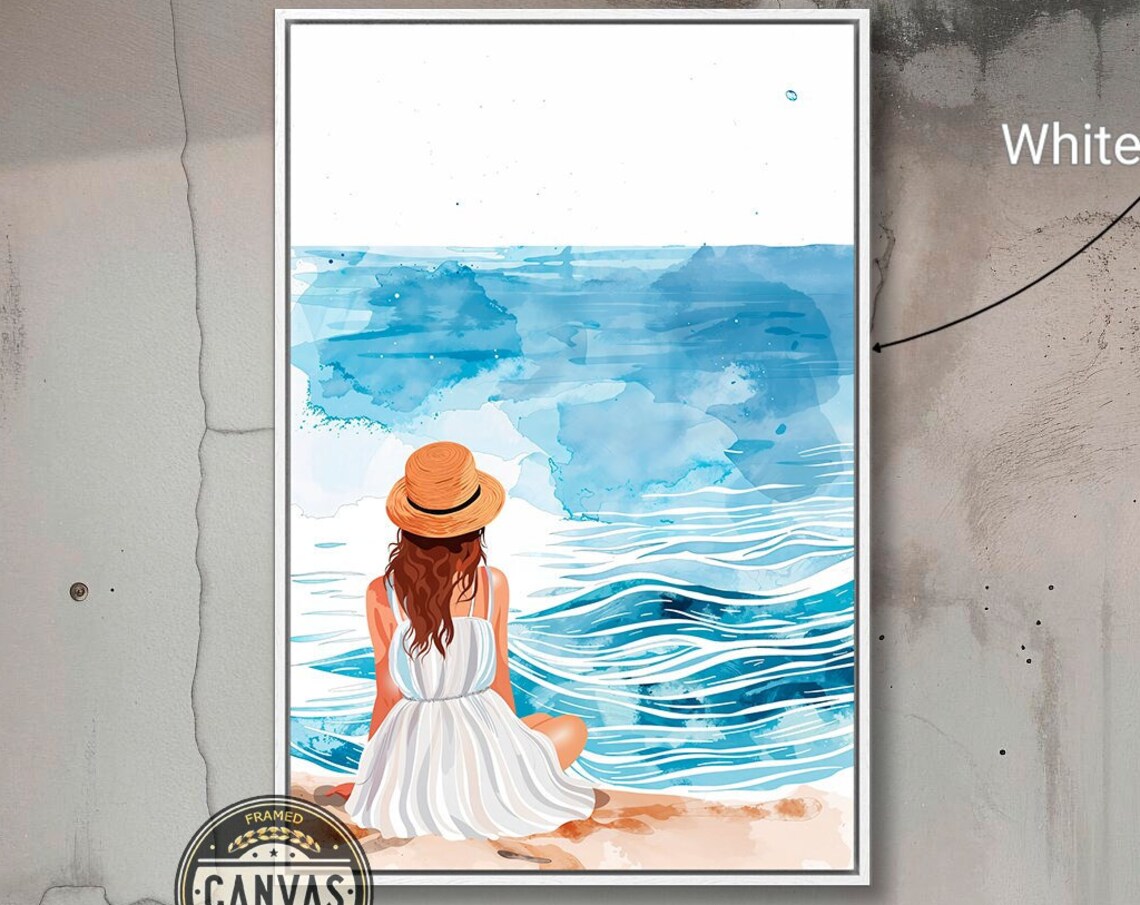 Woman In White Dress Straw Hat Beach Blue Ocean Watercolor Art Poster