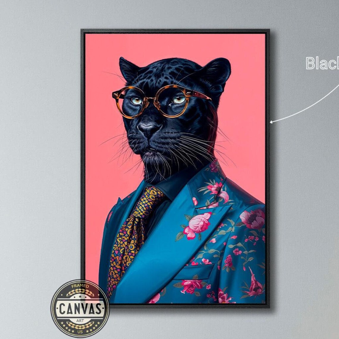 Black Panther In Floral Suit And Glasses Bold Pop Portrait Art Poster