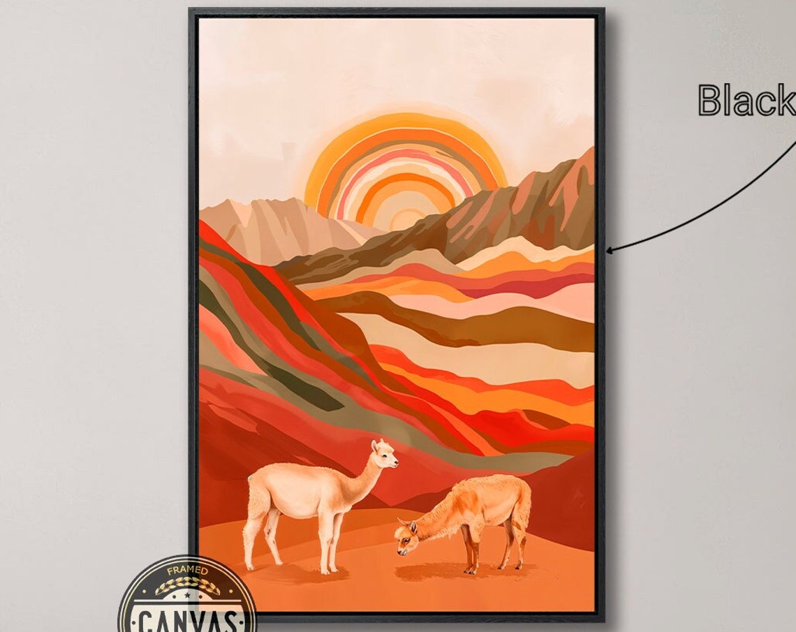 Llama Pair Red Desert Striped Sun Retro Mountain Landscape Art Poster