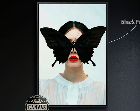 Black Butterfly On Woman Face Framed Wall Art Abstract Girl Portrait Print Fashion Wall Decor Large Vertical Poster Ready To Hang